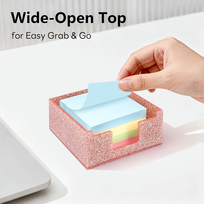 Luminzo Light Pink Sparkling Sticky Note Holder, Glitter Acrylic Organizer, 3.94 x 3.94 in Multi-Use Tray for Office, School & Home Desk - Image 5